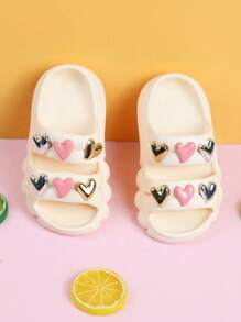 1 Pair Child/Toddler Girls' Triple Color Heart Decorative Non-Slip Breathable Sandals, Outdoor Slip-On Casual Beach Shoes For Summer