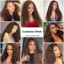 HJ WEAVE BEAUTY Perruque de cheveux humains en dentelle frontale marron chocolat 13x6 Perruques brésiliennes à ondulations profondes pour femmes Perruque de cheveux humains naturels Jerry Curly Perruque longue Partie gratuite 4 # Teinte Pré-épilée Ligne de cheveux naturelle avec cheveux de bébé Densité de 180 %. - S4 - Voir 11