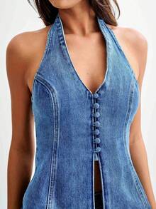 Women's Denim Top With Fashionable Sleeveless Elastic Hanging Collar Denim Vest - A Must-Have Fashion Item For Women In Summer - 淺色水洗藍 - 查看 4