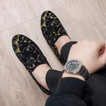 Men's Fashion Luxury Loafers, Gradient Floral Patterned Uppers, Soft Sole Lightweight Slip-On, Suitable For Parties, Weddings, Daily Wear - Gold - View 7