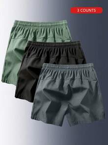 3pcs Older Boys' Summer Casual Solid Color Drawstring Waist Breathable Sports Shorts - Grey - View 2