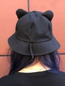 1pc New Women Spring/Summer College Style Bucket Hat, Solid Color Cat Ear Cute Cartoon Design, Suitable For Outdoor Activities, Sun-Shading - Black - View 3