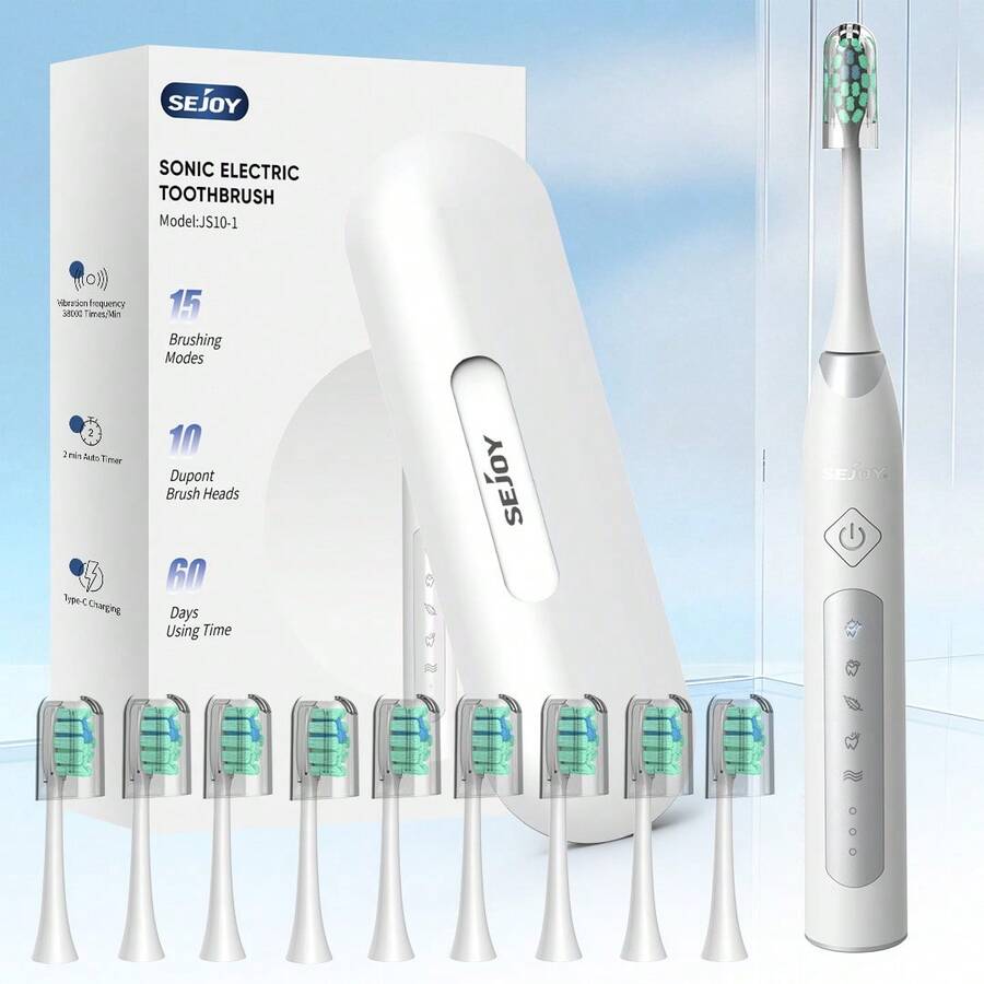 sejoy Rechargeable Electric Toothbrush 10 Brush Heads 5 Modes Travel Case - White - View 1