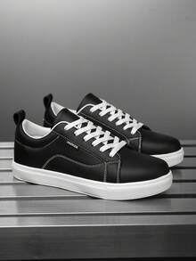 Men's Casual White Letter Patchwork Solid Color Outdoor Flat Sports Sneakers, Simple Versatile Work Shoes For Students - Black - View 2