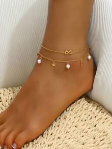 1pc Stylish Double-Layer Rhinestone & Pearl Crescent Star Design Anklet, Versatile Beach Jewelry For Women - Yellow Gold - View 7