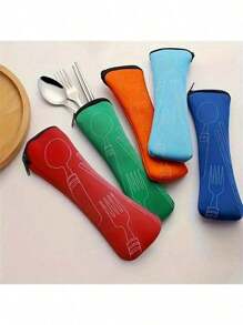 Bestecktasche, Reißverschlusstasche für Besteck aus Edelstahl, Essstäbchen, tragbare Reisetasche in Mehrfarben, wiederverwendbare Bestecktasche, perfekt für Outdoor-Reisen, Camping, Büro, isolierte Lunchbox, Lunch-Tragetasche für Frauen und Mädchen, Schulmaterial (nur Tasche, Messer und Gabel nicht enthalten)