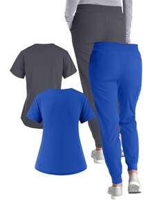 (Four-Piece Set) Scrubs Uniform Women's Running Matte Elastic Sports Nurse  Uniform Wash Clothes Work Clothes Breathable Scrub Shirt - 藍色 - 查看 2