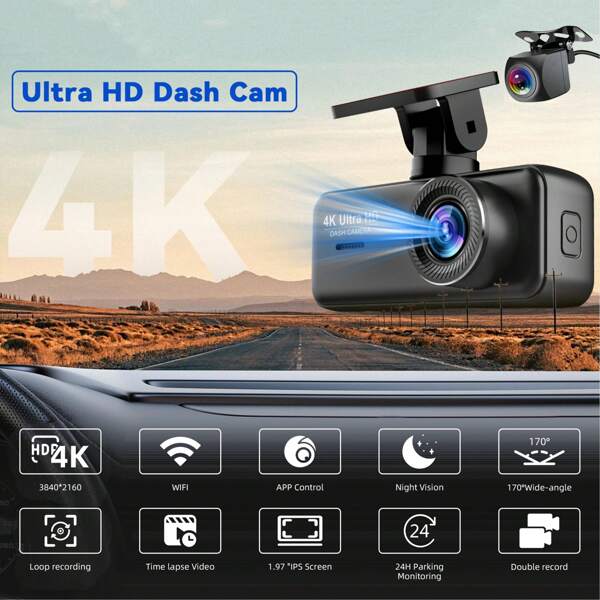 EE-ACE Dash Camera For Cars, 4K Dash Cam Front And Rear 1080P(Optional), Dashcam With Super Night Vision, Loop Recording, G-Sensor, 2160P Car Recorder With Buck Line(Optional) For 24H Parking Monitor, Up To 128GB(Optional)