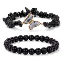 PHCOO 2 Peças Conjunto de Pulseira Decorada com Borboleta Simples e Elegante com Pedra Natural Assimétrica, Conjunto de Joias da Moda