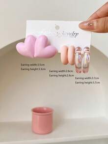 1 Set Of 3 Pairs Fashionable Heart Shaped Stud Earrings, Blue Transparent AB Color Hoop Earrings Set - Pink - View 15