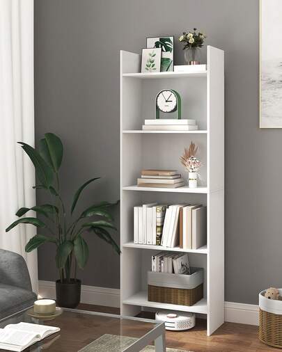 Estantería, estantería de pie, estantería de oficina, con 5 compartimentos, abierta, para salón, estudio, oficina, como separador de ambientes, 24 x 50 x 140 cm, color blanco