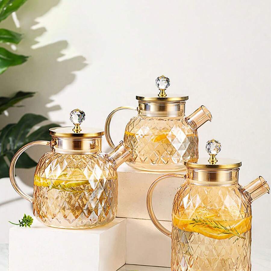 1pc Thick Glass Cold Water Pitcher, Large Capacity Juice Carafe, High Borosilicate Glass Amber Color Iced Tea Pot For Home Use - Gold - View 1