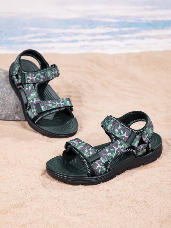 Plus Size Men's Summer New Open Toe Flat Lightweight Casual Sandals, Breathable Camouflage Beach Slippers For Daily Wear