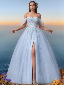 VIPGIRL 女士浅蓝色露肩刺绣薄纱礼服、高开叉晚礼服、长款舞会礼服、梦幻优雅派对礼服、婚礼宾客礼服 - 薄荷藍 - 查看 4