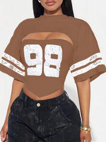 Women's Casual Loose Street Style Printed Crop Top & Shorts Set, Streetwear Pullover Black Short Sleeve T-Shirt, Women's Hip Hop Outdoor Sports Tee - Brown - View 3