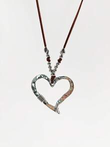 1Pc Bohemian Style Heart Shape Pendant Necklace Adjustable Freestyle Heart Sweater Chain Large Heart Rope Necklace - Silver - View 5