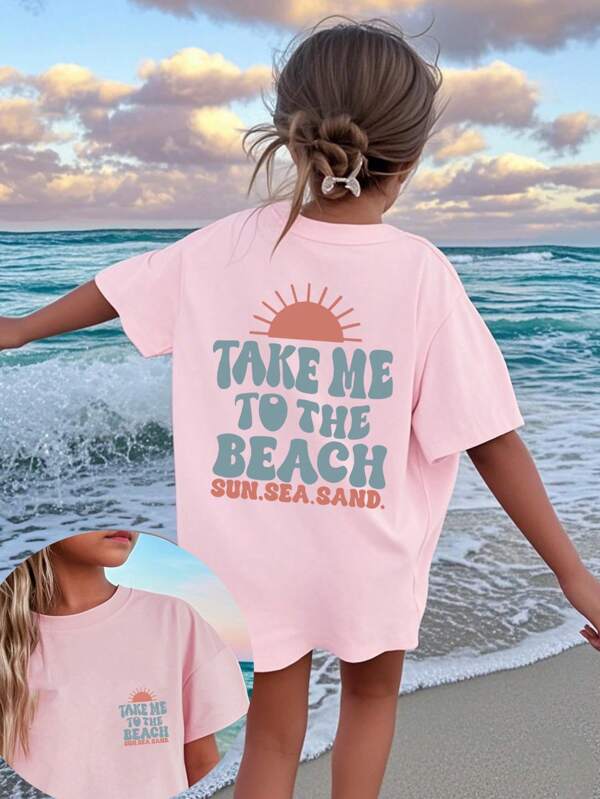 1pc Girls Printed Pullover Pink Short Sleeve T-Shirt, Student Teen Casual Comfortable Fashionable Summer Top
