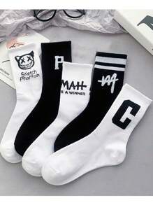 5/10 Pairs Men Cartoon Graphic Mid-Calf Socks, Streetwear Style