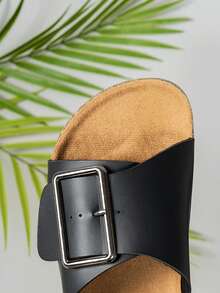 Papuci casual de damă, de culoare solidă, cu vârf deschis, sandale plate confortabile pentru toate anotimpurile, cu cataramă metalică reglabilă, talpă TPR anti-alunecare și căptușeală din material textil