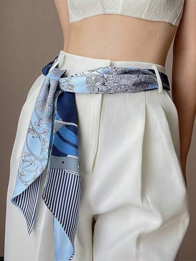 1 Pc Women Spring/Summer Casual Square Scarf, Floral Print Necktie, Versatile Hair Band, Thin Neck Scarf, Decorative Waist Belt