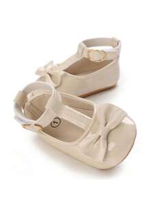 Newborn Infant Girls Princess Style Bow Decor Mary Jane Shoes, Non-Slip Rubber Sole Soft Walking Flats