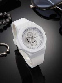 1pc Women Fashionable Minimalist Casual Silicone Strap Quartz Wrist Watch, Suitable For Daily Wear - White - View 1