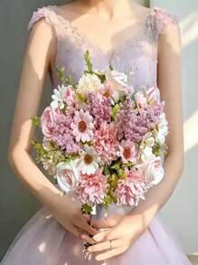 1pc/2pcs/3pcs Artificial Rose & Daffodil Flower Bouquet - Rustic Style Fake Flowers With Pink Roses, White Sunflowers And Green Leaves, Suitable For Wedding, Engagement, Birthday, Valentine's Day, Mother's Day Decoration, Spring Home Tabletop Centerpiece In Glass Vase, Event Floral Arrangement, Perfect For Christmas, Thanksgiving