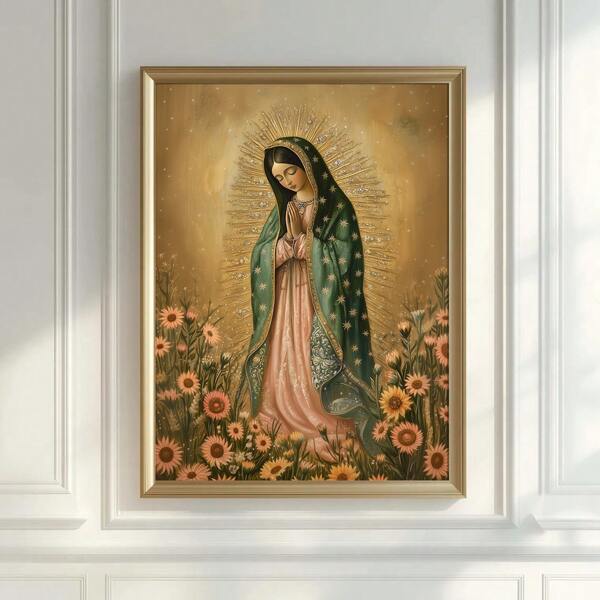 1pc Frameless Virgin Mary Vintage Wall Art Poster Canvas Print Minimalist Mexican Art Our Lady Rustic Retro Painting For Dorm,Apartment,Living Room,Bedroom,Modern Home Decoration