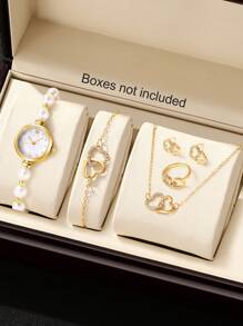 6pcs/Set Women Elegant Quartz Pearl Watch Bracelet Set With Heart-Shaped Cubic Zirconia Necklace Ring Earrings, Gift For Mother's Day, Teachers' Day, Thanksgiving, Student Graduation & Birthday, No Box