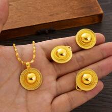 Golden Color Jewelry Set - Round Geometric Pendant, Ring, Earrings, Traditional Dubai Style Bridal Jewelry Gift For Women - A - View 10