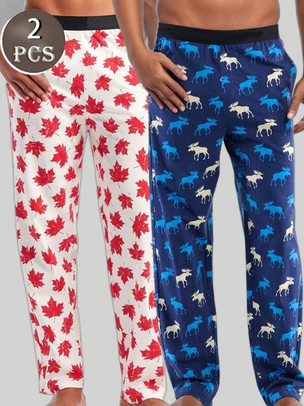 2pcs Men's Loose Pajama Bottoms, Maple Leaf & Deer Print, Lightweight, Comfortable Summer Home Wear