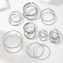 16件/日常用大圈耳环金属圈耳环时尚大圈耳环套装耳环多件套 - 銀色 - 查看 2