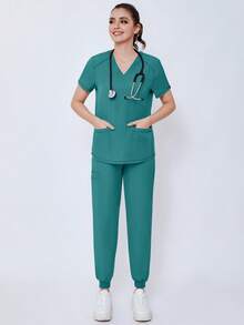 (Four-Piece Set) Scrubs Uniform Women's Running Matte Elastic Sports Nurse  Uniform Wash Clothes Work Clothes Breathable Scrub Shirt - 綠色 - 查看 10