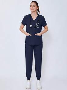 (Four-Piece Set) Scrubs Uniform Women's Running Matte Elastic Sports Nurse  Uniform Wash Clothes Work Clothes Breathable Scrub Shirt - Màu xanh lá cây đậm - Xem 6