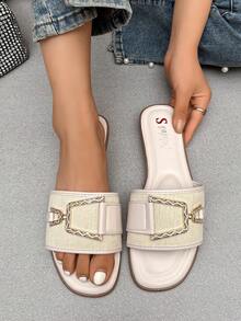 Women's Fashionable Bohemian Crystal Embellished Flat Slippers, For Indoor And Outdoor Wear - Beige - View 3