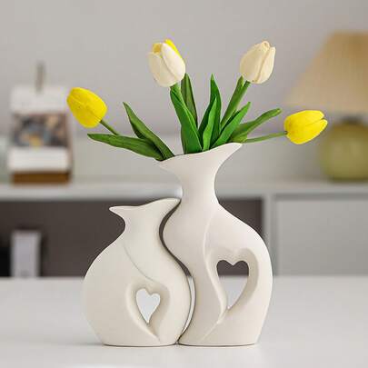 白色陶瓷花瓶 2 件套，方形花瓶乡村家居装饰简约北欧波西米亚风格适用于客厅、架子、桌子、书架、壁炉架和入口装饰花瓶