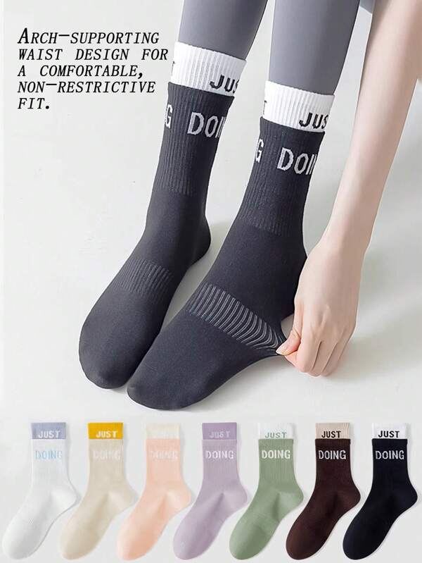 1/7 Pairs Of Women's Over-The-Calf Workout & Yoga Socks, Professional Running & Sports Socks With Anti-Slip Double Ribbed Cuffs, Aerobics & Pilates Gym Floor Socks, Suitable For All Seasons.