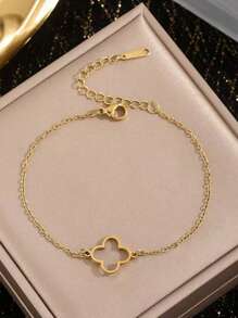 1pc Minimalist Hollow Four Leaf Flower Stainless Steel Bracelet, Suitable For Women's Daily Wear Or As A Gift For Mother On Holidays