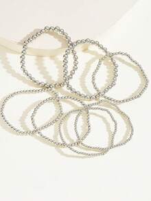 Set Gelang Manik-Manik Minimalis 7 Buah, Perhiasan Kasual Serbaguna untuk Wanita - Perak - View 2