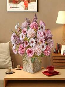 1pc/2pcs/3pcs Artificial Rose & Daffodil Flower Bouquet - Rustic Style Fake Flowers With Pink Roses, White Sunflowers And Green Leaves, Suitable For Wedding, Engagement, Birthday, Valentine's Day, Mother's Day Decoration, Spring Home Tabletop Centerpiece In Glass Vase, Event Floral Arrangement, Perfect For Christmas, Thanksgiving