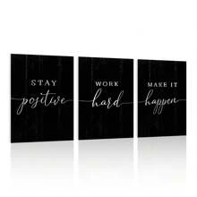 Arte de pared para oficina con citas inspiradoras: póster motivacional con frases positivas para decoración de pared de oficina, juego de 3 piezas de cuadros de motivación negros con impresiones inspiradoras, con marco, arte de pared con marco