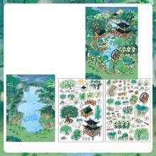 3pcs 2.5D Chinese Style Landscape Stickers, Large Size DIY Stress Relief Stickers, "My Little House" Series 4, Suitable For Gifts, Office, Home, Marking, Labeling, Classroom, Entertainment Toys, Student Diary Creative Retro Decor DIY Decoration Stickers,School Supplies,Back To School