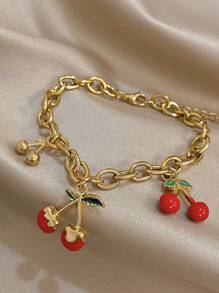 1Pc Golden Sweet & Edgy Cherry Charm Bracelet With Enamel Leaves For Women Girls, 18K Gold Plated Stainless Steel Stackable Chunky Chain, Mom Gift Christmas Thanksgiving Halloween Wedding Rave/Prom/Party/Daily Accessories Gift For Anniversary Valentine's Day Boho Jewelry Birthday Bridesmaid Gifts