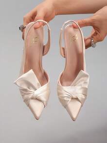 秋冬女士扭结尖头高跟鞋，性感派对婚礼缎面踝带细高跟凉鞋，优雅 - 杏色 - 查看 5