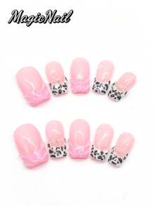 10 Pieces Of Pure Hand-Pressed Wearing Nail, 25mm Square Nail Pieces, Pink Blush Contrasting Color, Thread Convex, Pink And White Contrasting Color Hand-Painted Black Dot Leopard Pattern, Hand-Kneaded Raised Flowers With Golden Small Ball Stamens. Spring And Summer Style, Ballet Style. It Is Suitable For Daily Leisure Vacations, And Can Be Worn When Attending Dances, Banquets, Parties And Other Activities.