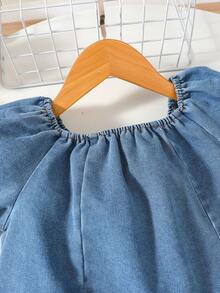 Set de 2 piezas de top de mezclilla con mangas abullonadas y falda de mezclilla para niñas jóvenes, casual adecuado para actividades al aire libre en verano - Azul - Ver 4