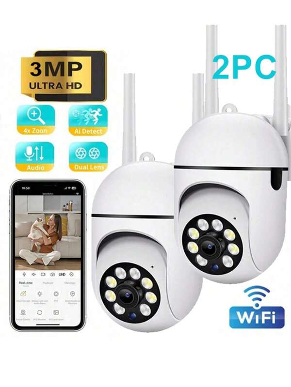 2pcs cámaras de seguridad de 3 MP, conexión WiFi inalámbrica, detección de movimiento y alarma de audio, con visión nocturna a color, montaje en pared, para seguridad del hogar en interiores y exteriores, con foco y sirena, alimentación por USB, cámara de seguridad con audio bidireccional