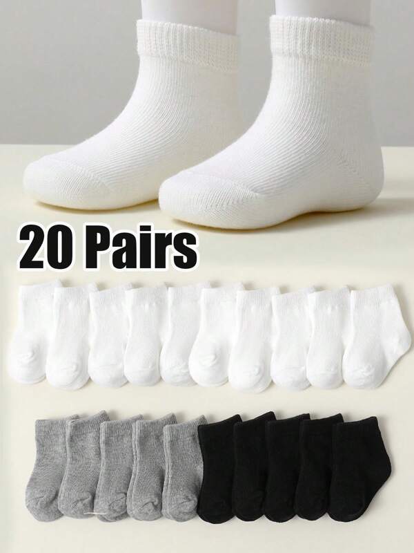 20 pares de meias clássicas para bebês/crianças, pretas, brancas e cinzas, cor sólida, cano médio, adequadas para meninos e meninas, para todas as estações