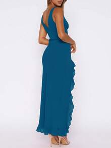 New European And American Women's Summer Ruffled Bodycon Party Dress, Versatile Evening Gown - Teal Blue - View 4