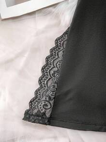 1pc Women's Sexy Lace Patchwork V-Neck Satin Black Dress, Bow Decor, Romantic Side Slit Backless Spaghetti Strap Nightgown And Sleepwear, Women's Summer Vacation Outfit, Women's Sexy Lingerie, Rave - Black - View 10